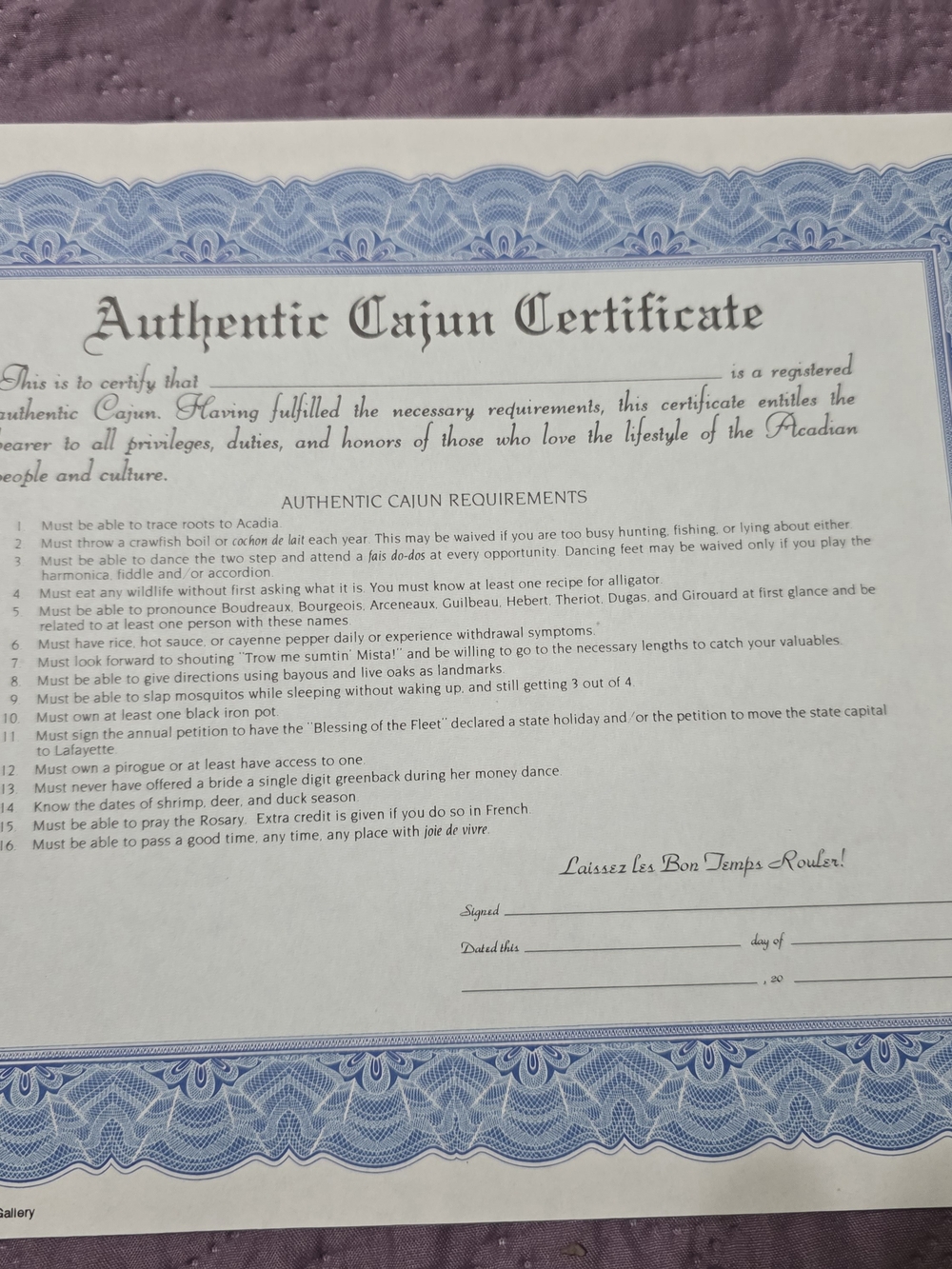 Authentic Cajun Certificate Wall Art - Blue